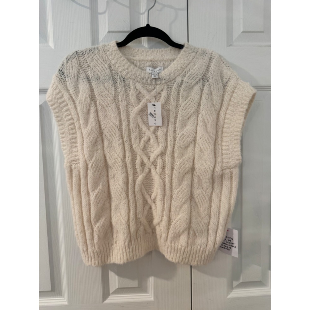 Topshop Womens Soft Cable Knit Sweater Vest Stone Cream Crew Neck Size Small NWT